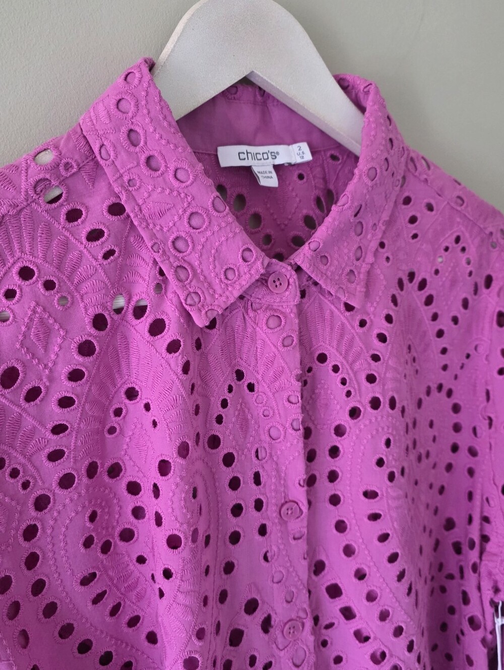 NWT Chico’s L Boho Romantic Resortwear Orchid Pink Eyelet Balloon Sleeve Blouse - Picture 7 of 16